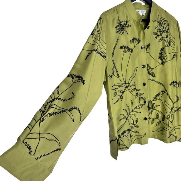 Nancy Bolen City Girl Green Silk Floral Embroidered Long Sleeve Blouse L - Picture 4 of 7